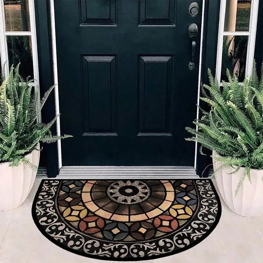 A vintage stone tile doormat with a geometric pattern placed on a light-colored doorstep.