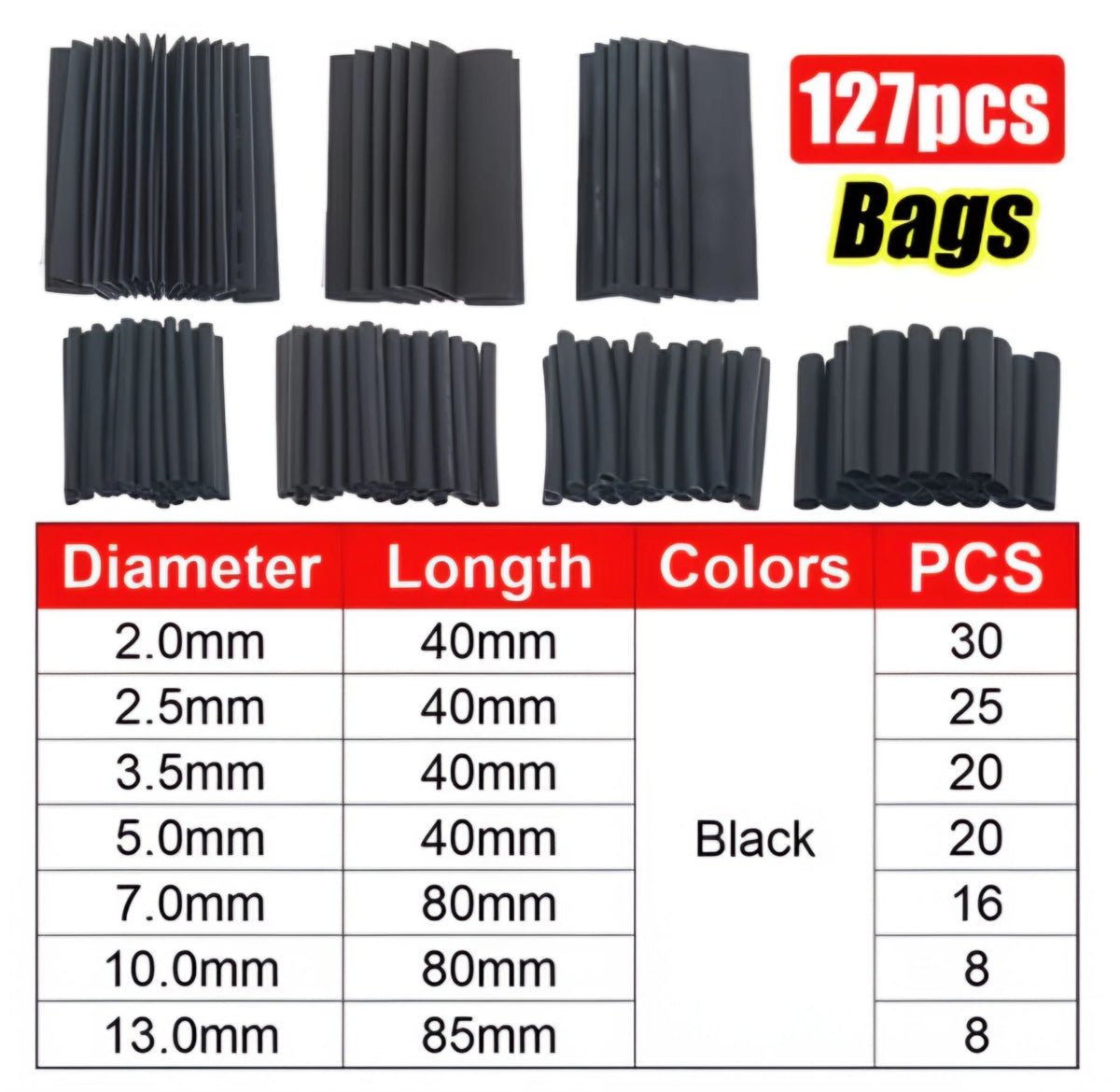 A set of black heat shrink tubing bags with various diameters and lengths for wire protection.