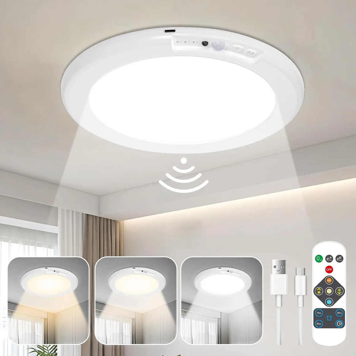 A white LED motion sensor ceiling light fixture is shown mounted on a ceiling, with close-up views of the light and its compo