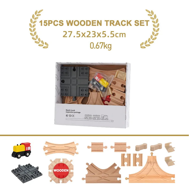 A set of 15 pieces of wooden track for train sets, including various components and expansion pieces.
