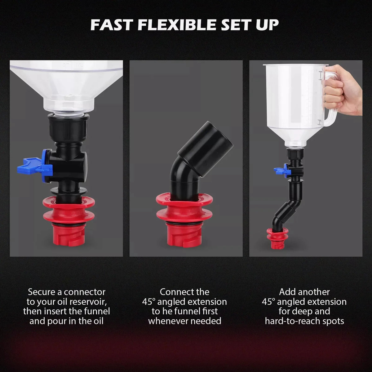 A set of oil funnels showing various components and usage instructions for easy setup.