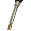 Close-up view of an adjustable temperature wood burning and soldering pen kit with a silver body and gold tip.