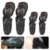 Set of black impact-resistant motorcycle knee and elbow protective pads shown in various angles