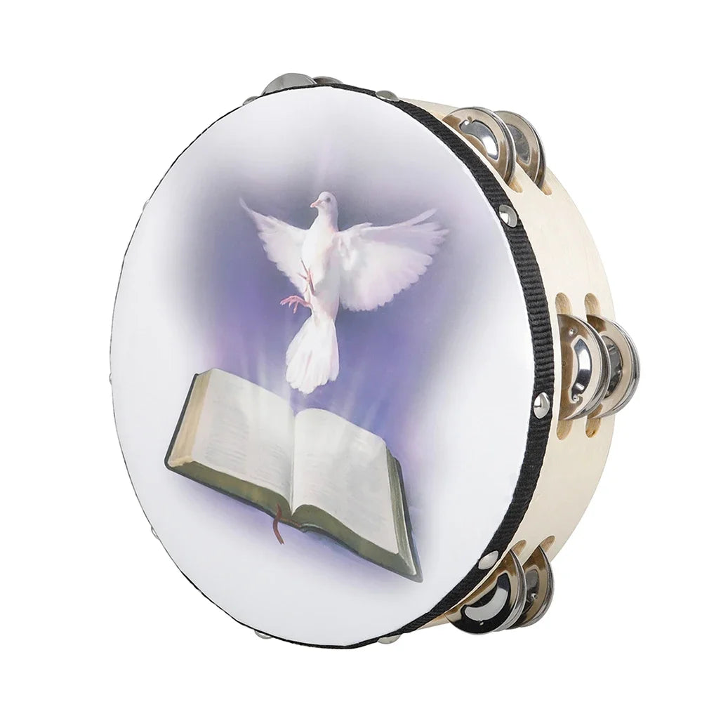An 8-inch wooden tambourine with jingle bells for kids is shown, featuring a white dove and an open book design.