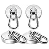A set of heavy duty neodymium magnetic hooks with swivel carabiners shown in various angles.