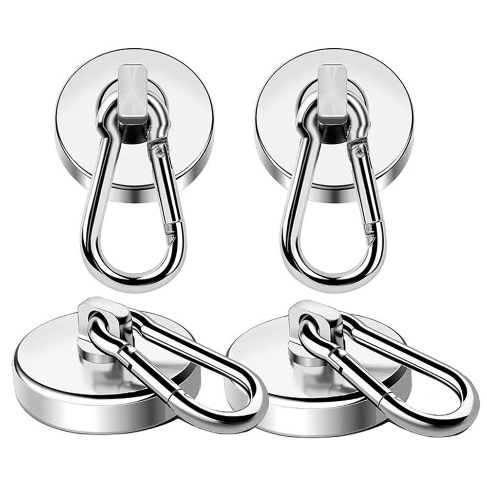 A set of heavy duty neodymium magnetic hooks with swivel carabiners shown in various angles.