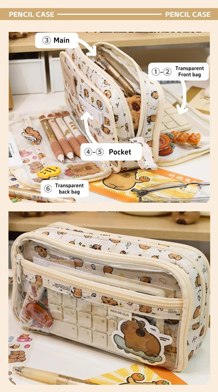 Transparent Double-Sided Pencil Case with Capybara Design