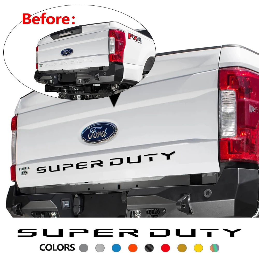 Rear view of a white Ford Super Duty truck tailgate with a custom decal and insert.