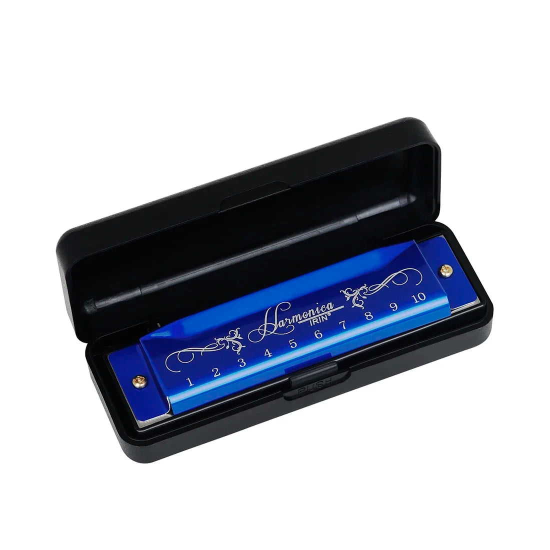 A black case holding a 10-hole C key harmonica with a colorful metal shell and numbered reeds.