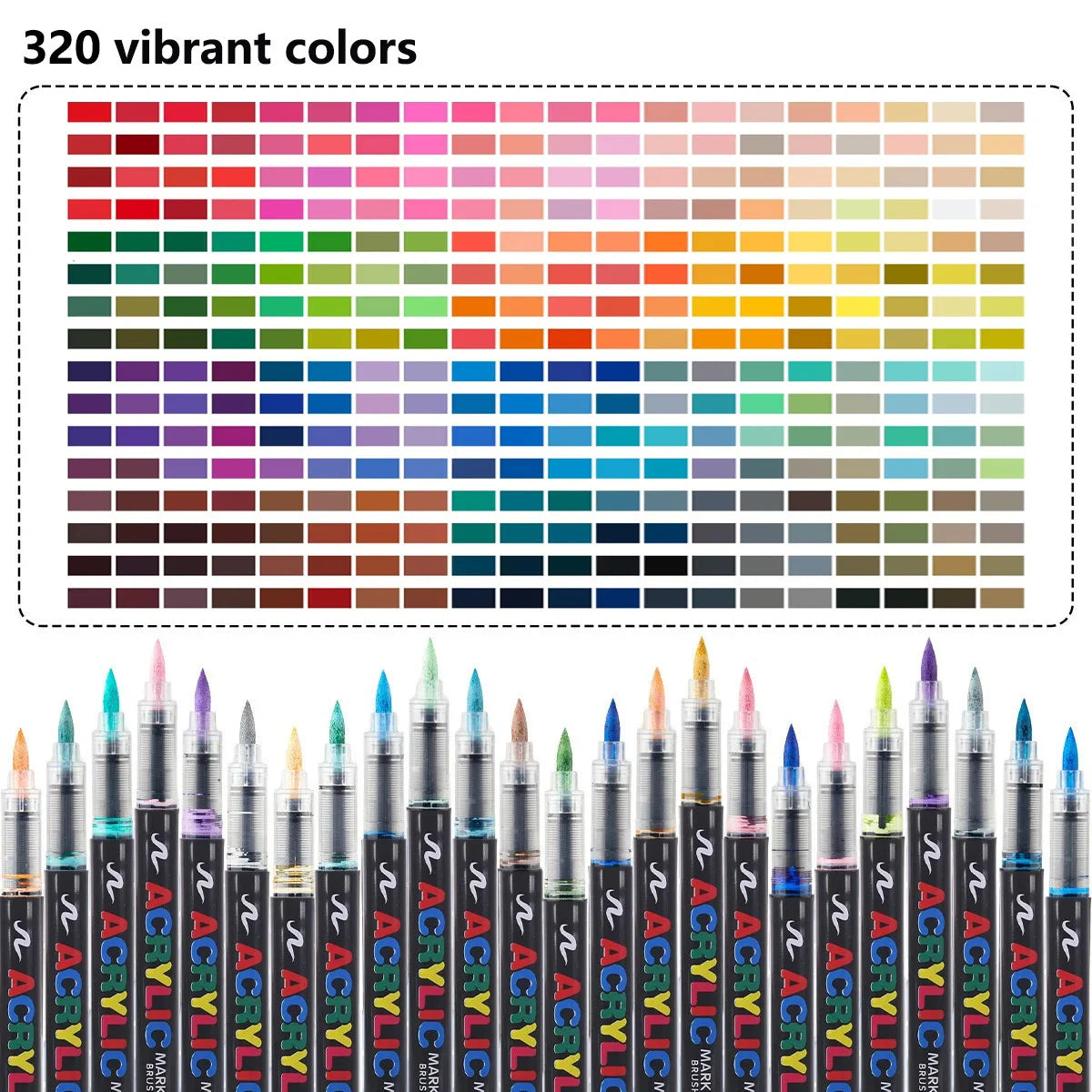 A collection of acrylic markers displaying 320 vibrant colors arranged in a grid.