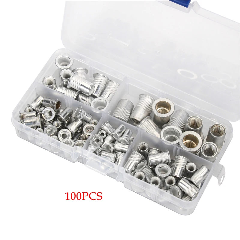 A clear plastic box containing a multi-pack assortment of silver aluminum flat head rivet nuts.