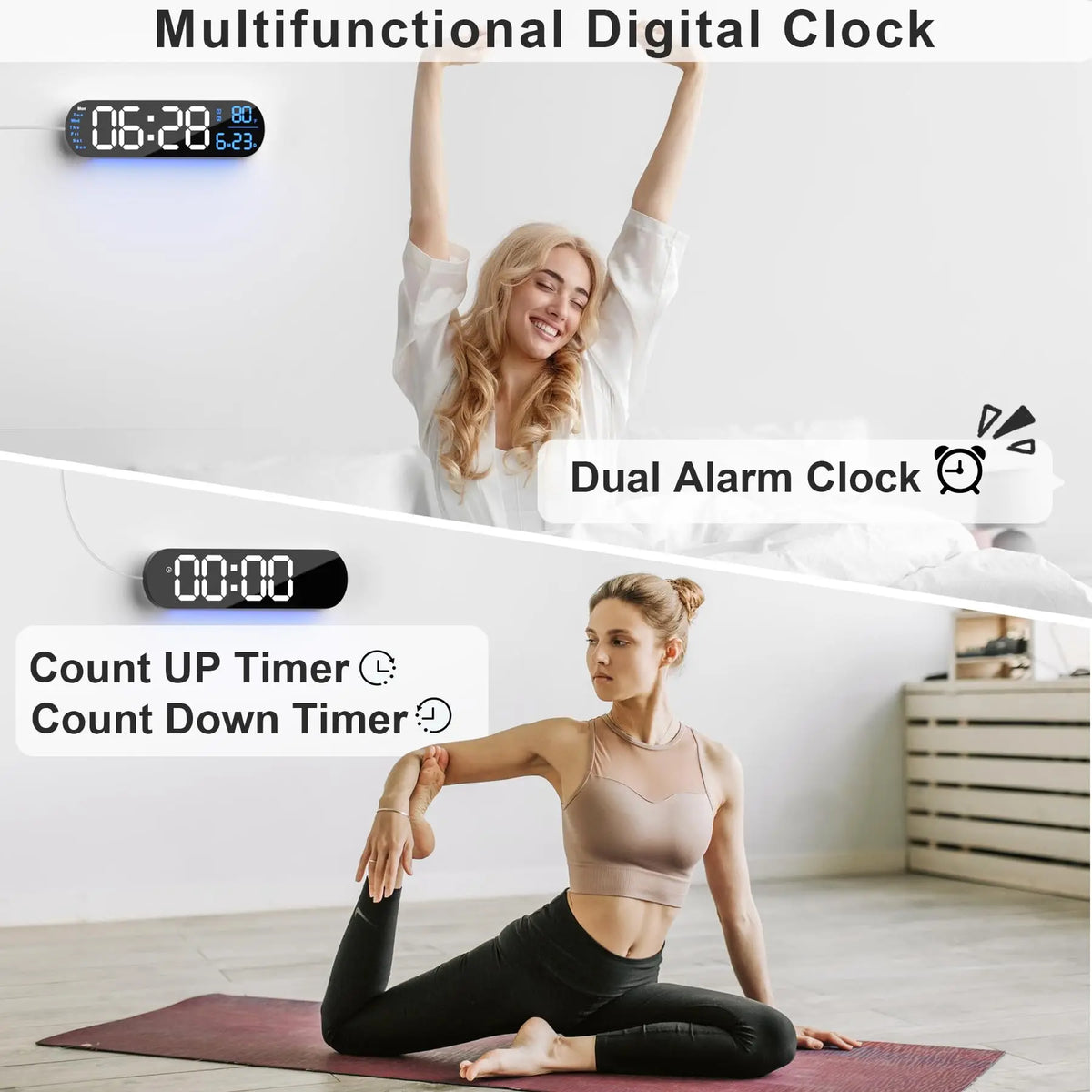 A multifunctional digital clock showing time, countdown timer, and an alarm clock feature.