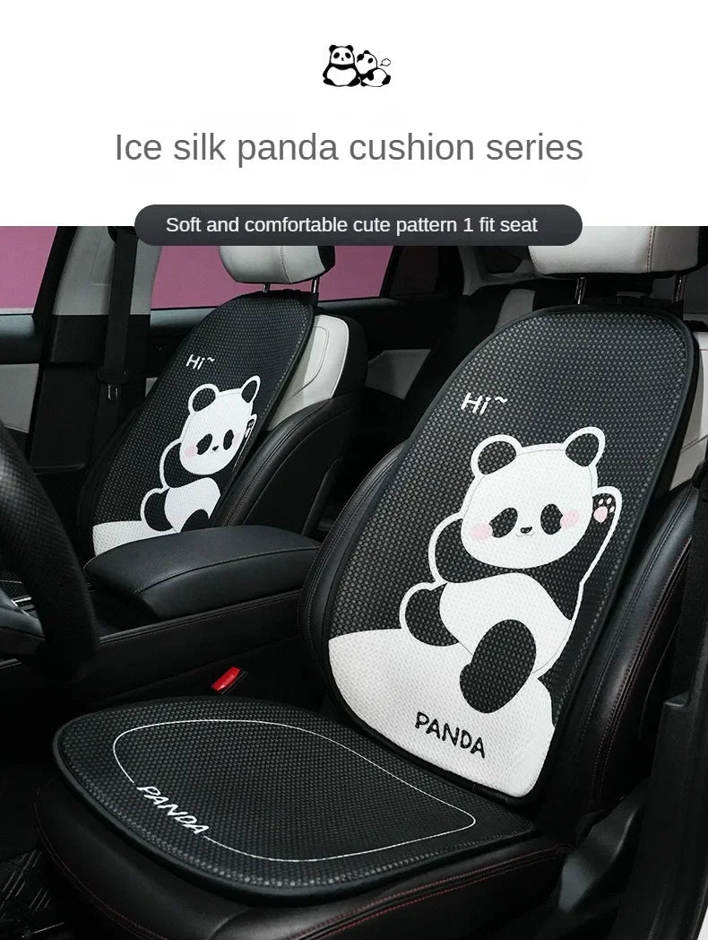 Black car seat covers featuring cute panda patterns and headrest pillows for a soft and comfortable fit.