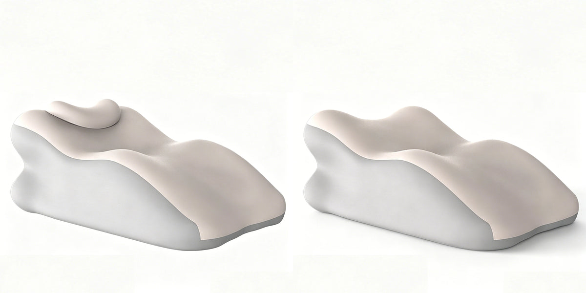 A light beige ergonomic memory foam wedge pillow with a detachable head rest shown from the side.