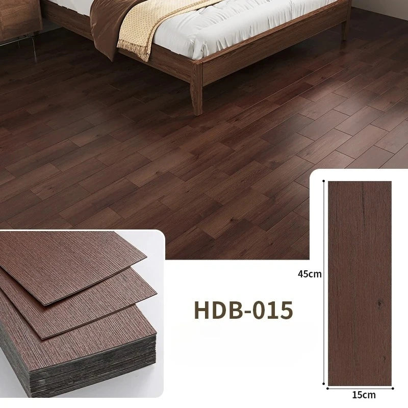 Close-up view of dark brown wood grain floor tiles and a sample board labeled HDB-015