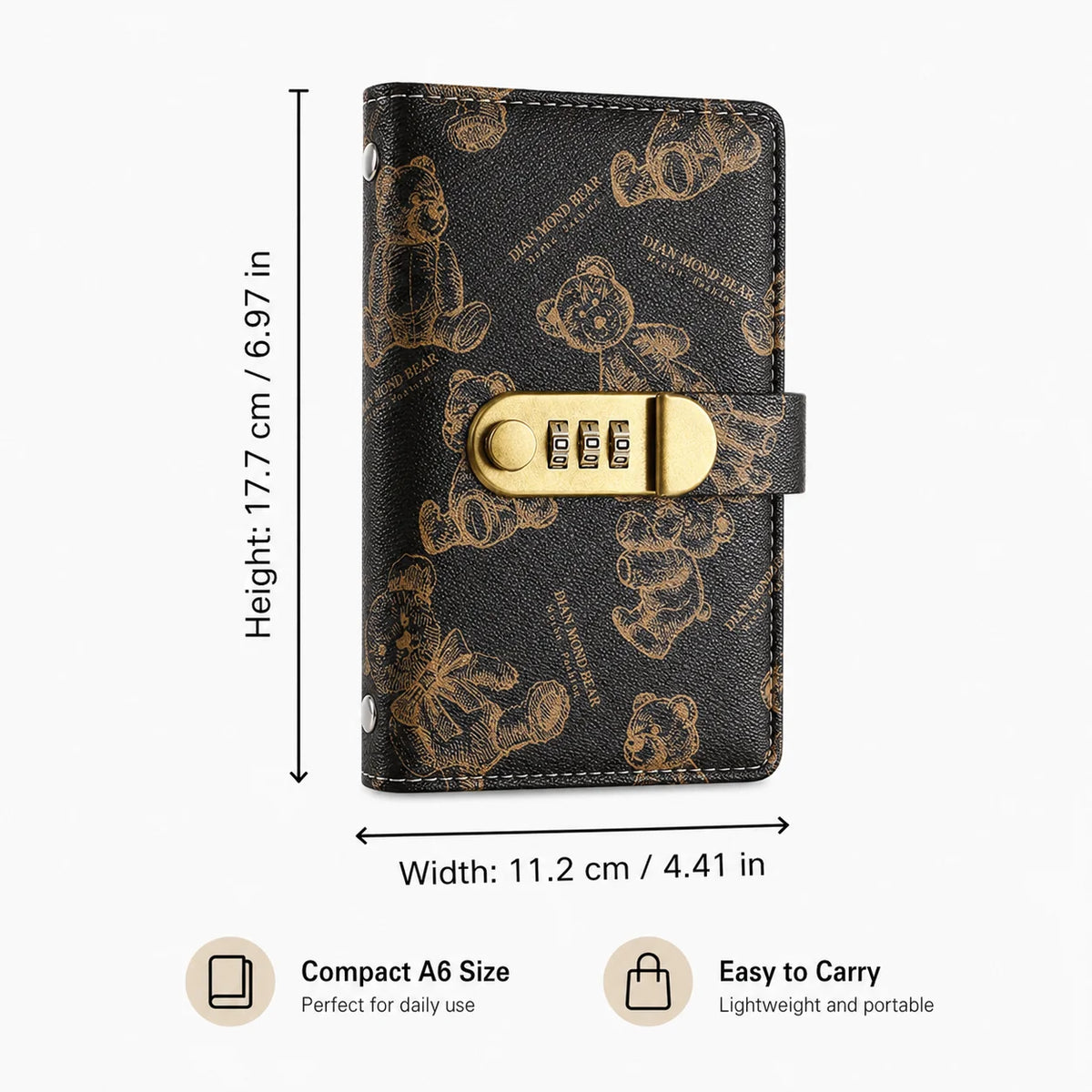 A black A6 size budget organizer with a cartoon bear design and a gold lock.