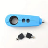A blue compact handlebar lock with a key and a separate lock mechanism shown next to it.