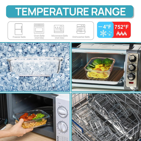 Una caja de almuerzo de vidrio de borosilicato dentro de un electrodoméstico moderno de cocina, mostrando iconos de rango de 