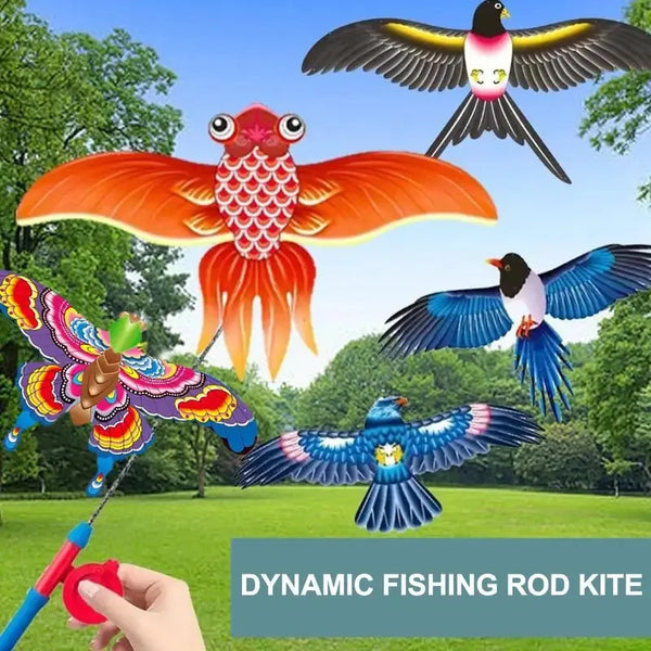Dynamische Angelruten-Drachen mit bunten Vogel- und Fischmotiven, die am Himmel fliegen.