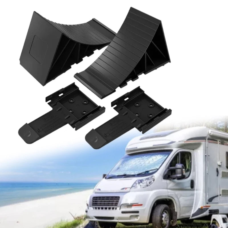 Black heavy-duty rubber wheel chocks with non-slip grip shown above a white van.