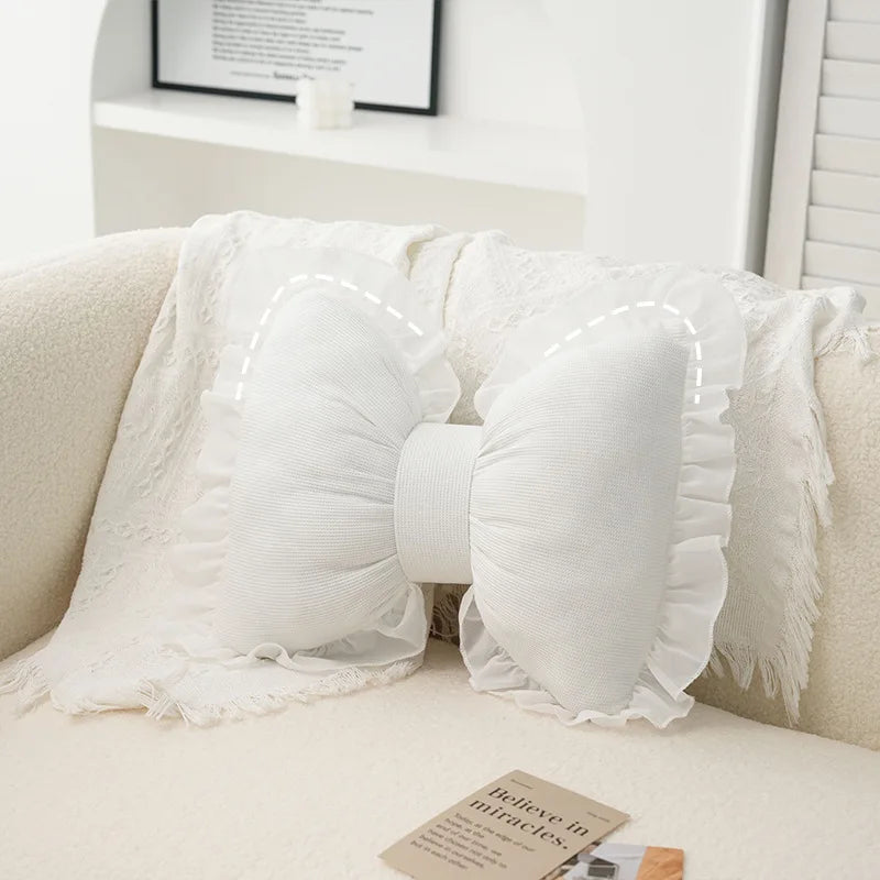 Decorative Bow Cushion with Lace Trim