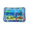 A blue inflatable baby water play mat filled with various floating toys and sea creatures.