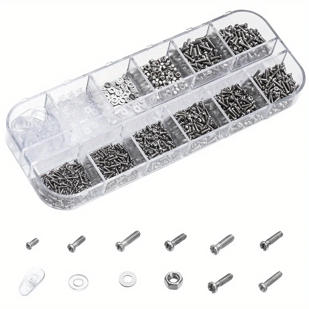 A clear plastic case containing various precision tools and replacement parts for glasses repair.