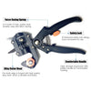 A black precision grafting pruner with a force-saving spring and alloy cutter head shown with various features highlighted.
