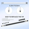 A silver and black precision dual-tip capacitive stylus with removable tips shown in various views.
