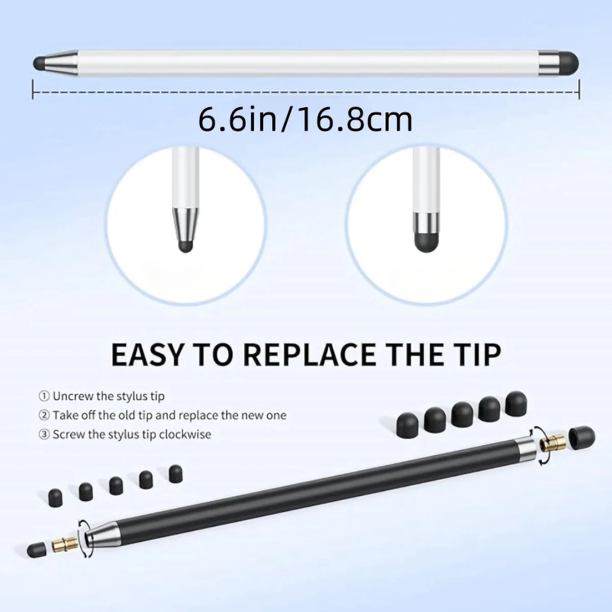 A silver and black precision dual-tip capacitive stylus with removable tips shown in various views.