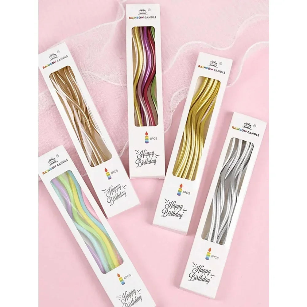 Spiral Birthday Cake Candles, Set of 6 Long Thin Decorative Candles for Cakes and Desserts