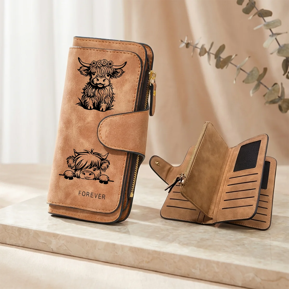 Adorable Highland Cow Long Wallet with Zipper Closure