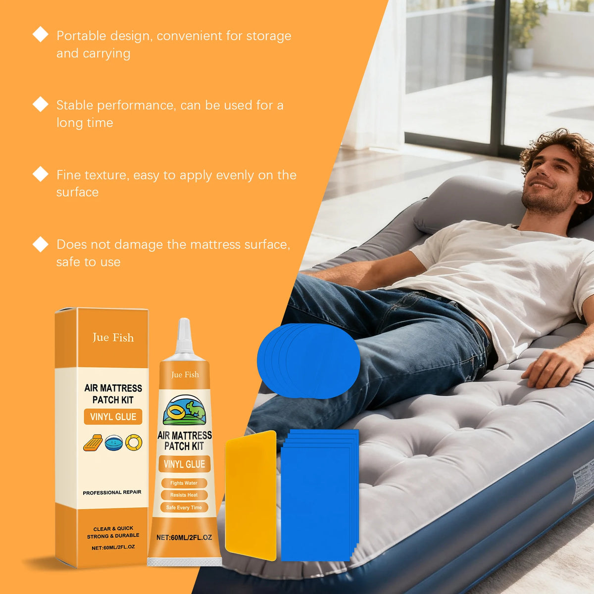 An inflatable mattress patch kit with vinyl glue and patches shown next to a man relaxing on the mattress.