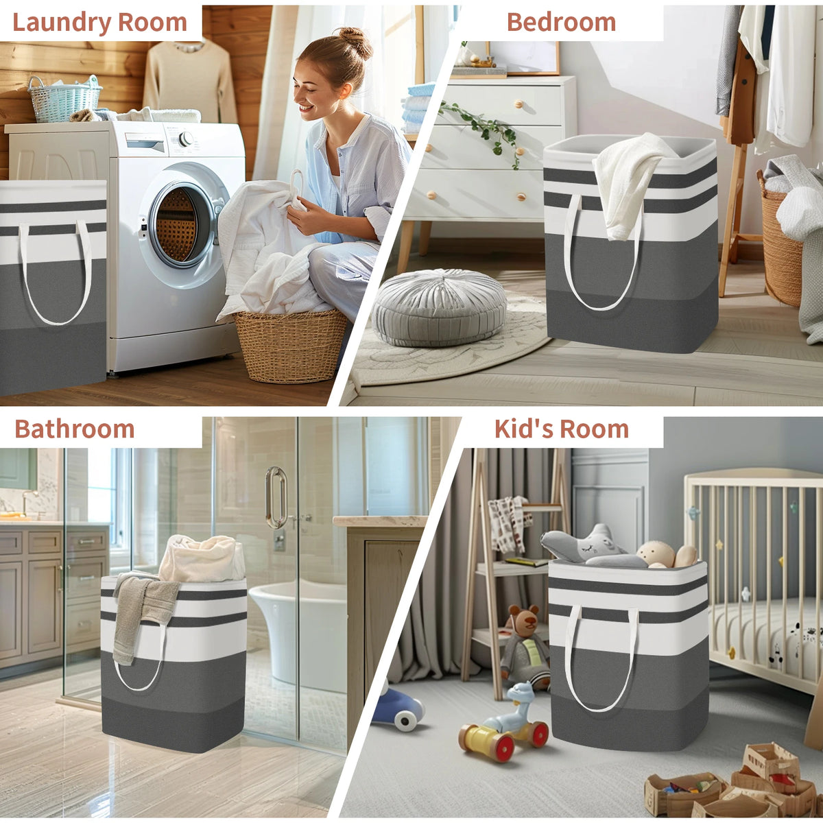 A collection of laundry hampers and storage solutions for various rooms including laundry room, bedroom, bathroom, and kid's 