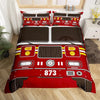 A red firefighter themed duvet cover set featuring a fire engine design with the number 873.