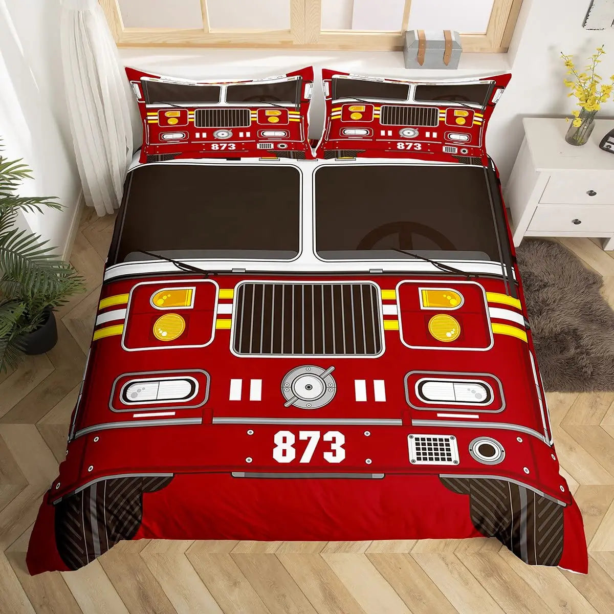 A red firefighter themed duvet cover set featuring a fire engine design with the number 873.