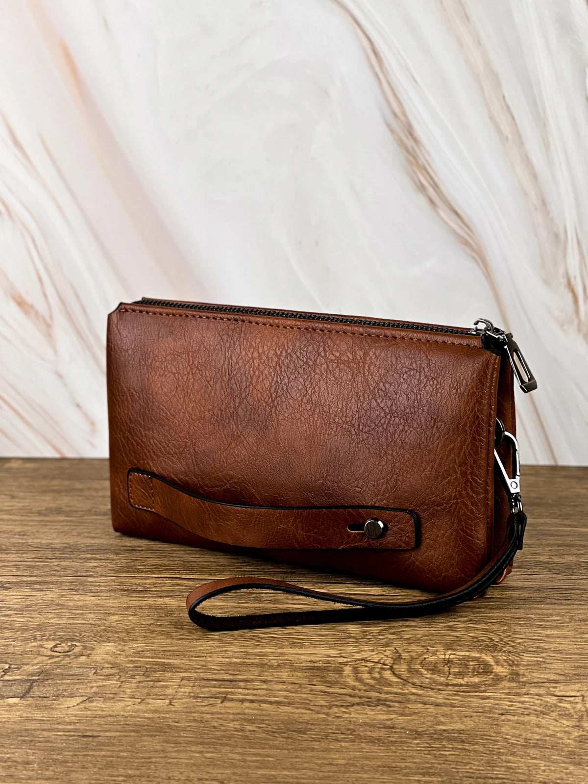 Men's Classic Leather Clutch Bag with Dual Zip Compartments