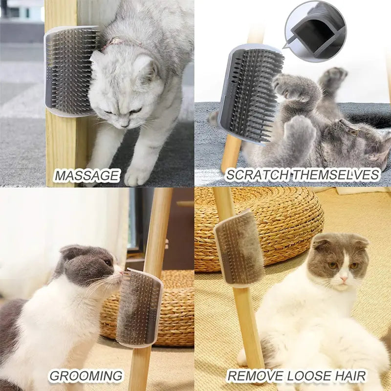 Corner-Mounted Cat Scratcher & Grooming Brush