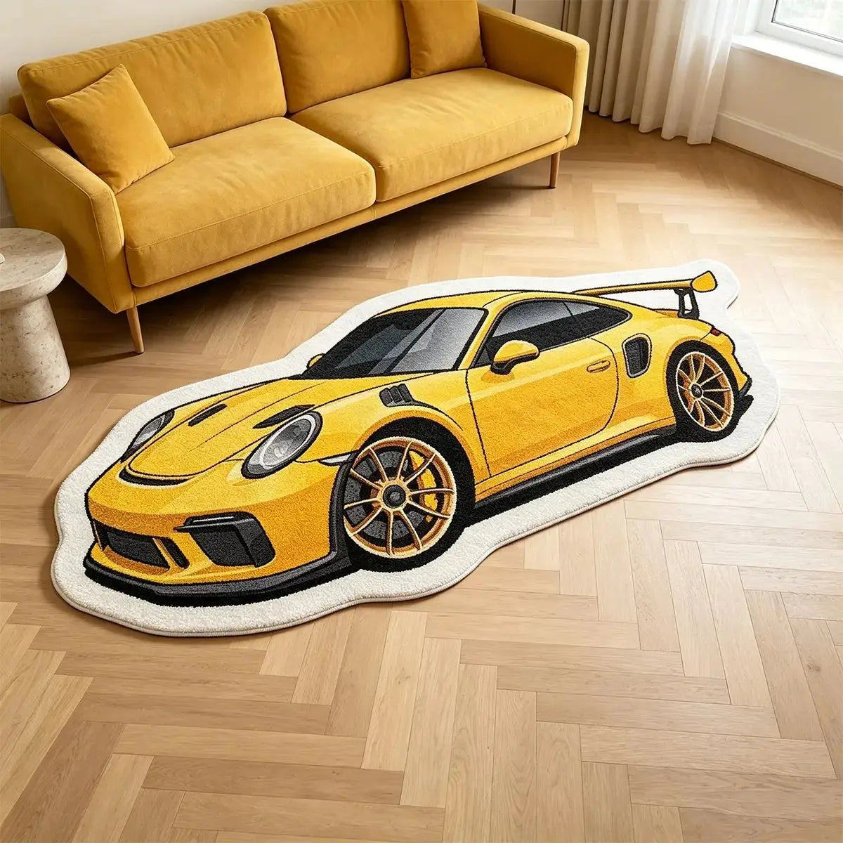 A yellow sports car shaped non-slip play rug for kids' bedrooms placed on a wooden floor.