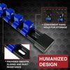 A close-up view of a blue swivel socket organizer rail with adjustable clips and a black storage holder.