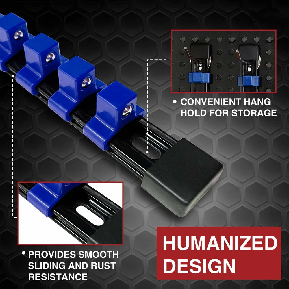 A close-up view of a blue swivel socket organizer rail with adjustable clips and a black storage holder.