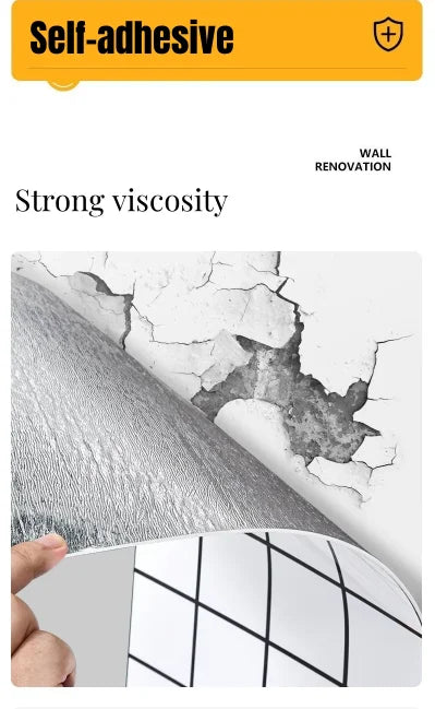 Close-up of a self-adhesive marble wallpaper roll showing strong viscosity and texture on a wall surface.