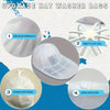 Diagram showing four features of a mesh baseball cap washing bag including water permeability, plastic rack, hanging rope des