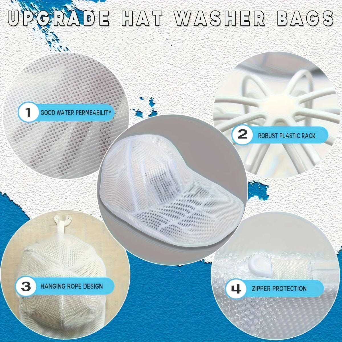 Diagram showing four features of an upgrade hat washer bag including good water permeability, a robust plastic rack, hanging 