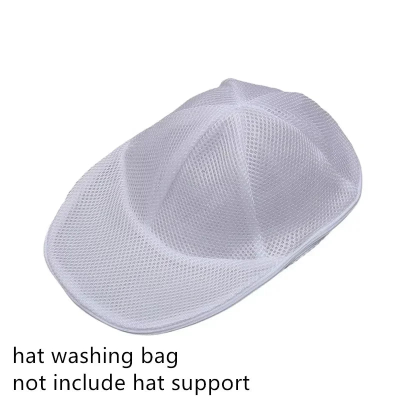 White mesh laundry bag designed to support hats and delicate clothing