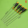 A set of four automotive pick and hook tools with black and yellow handles and varying lengths.