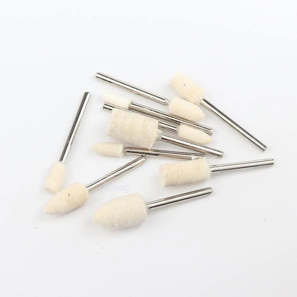 Several wool felt polishing wheels with 3mm shanks are displayed on a white background.