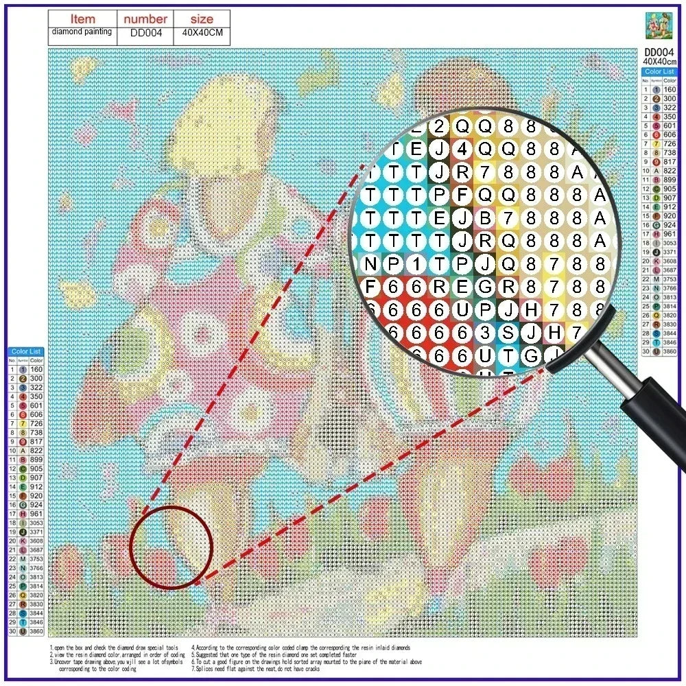 A close-up view of a diamond painting kit showing a section of the design and a magnifying glass over a painted area.