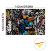 A rectangular sticker featuring a dense, colorful graffiti pattern on a dark background.