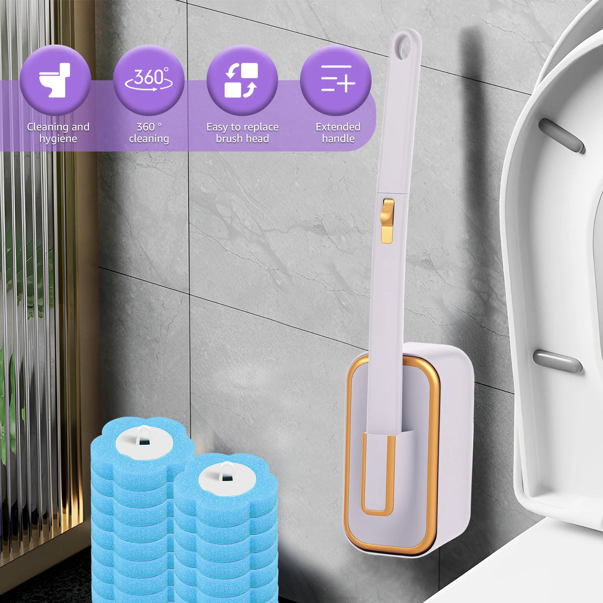 A white toilet brush kit with a long handle and wall mount is shown next to blue cleaning heads.